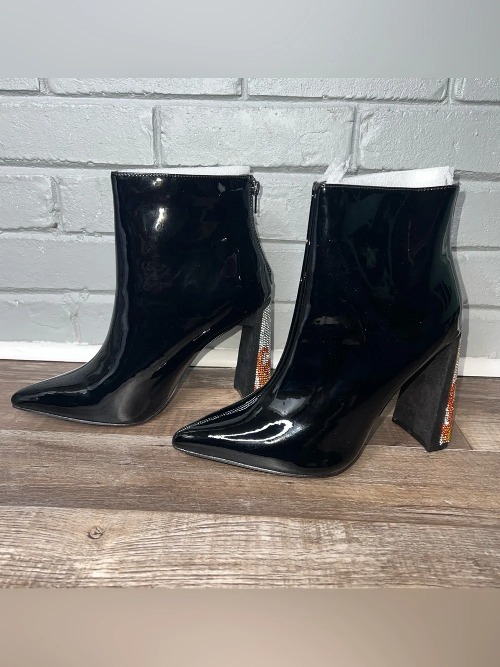 NEW! Dolls Kills Patent Women's Ankle Boots with Flame Crystal Heel Size 8.5